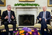 House Speaker Kevin McCarthy of Calif., speaks as he meets with President Joe Biden to discuss the debt limit in the Oval Office of the White House, Monday, May 22, 2023, in Washington. (AP Photo/Alex Brandon)