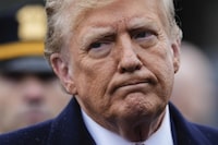 Former President Donald Trump reacts during a news conference after attending the wake of New York City police officer Jonathan Diller, Thursday, March 28, 2024, in Massapequa Park, N.Y.