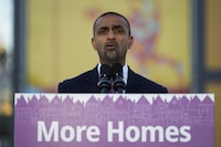 B.C. Minister of Housing and government house leader Ravi Kahlon speaks during an announcement about the construction of new modular housing projects to house the homeless, in Vancouver, on Wednesday, Dec.14, 2022. A refreshed housing plan, and health care, public safety, environment and cost-of-living initiatives will be the focus of the British Columbia New Democrat government's political agenda over the coming months, says house leader Ravi Kahlon. THE CANADIAN PRESS/Darryl Dyck