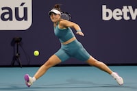 FILE PHOTO: Mar 27, 2023; Miami, Florida, US; Bianca Andreescu (CAN) reaches for a forehand against Ekaterina Alexandrova (not pictured) on day eight of the Miami Open at Hard Rock Stadium. Mandatory Credit: Geoff Burke-USA TODAY Sports/File Photo