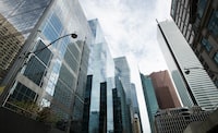 Office buildings in Toronto’s Financial District are photographed on along Adelaide St. West on Sept 28, 2023. (Fred Lum/The Globe and Mail)
