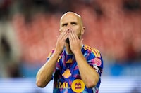 Sep 16, 2023; Toronto, Ontario, CAN; Toronto FC midfielder Michael Bradley (4) blows a kiss to Toronto FC supporters after being defeated by the Vancouver Whitecaps at BMO Field. Mandatory Credit: Kevin Sousa-USA TODAY Sports