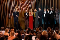 Kenneth Branagh, from left, David Krumholtz, Emily Blunt, Alden Ehrenreich, Robert Downey Jr., Josh Hartnett, Cillian Murphy, Casey Affleck, and Benny Safdie accept the award for outstanding performance by a cast in a motion picture for "Oppenheimer" during the 30th annual Screen Actors Guild Awards on Saturday, Feb. 24, 2024, at the Shrine Auditorium in Los Angeles. (AP Photo/Chris Pizzello)