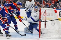Jan 19, 2023; Edmonton, Alberta, CAN; Edmonton Oilers forward Connor McDavid (97) scores a goal during the third period against Tampa Bay Lightning goaltender Andrei Vasilevskiy (88) at Rogers Place. Mandatory Credit: Perry Nelson-USA TODAY Sports