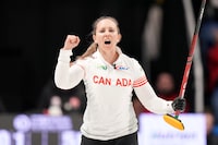 Canada skip Rachel Homan reacts to her game-winning final shot during World Women's Curling Championship action against Turkey in Sydney, N.S. on Wednesday, March 20, 2024. THE CANADIAN PRESS/Darren Calabrese