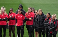 Canada players look on during a training session at the FIFA Women's World Cup in Melbourne, Australia, Sunday, July 30, 2023. THE CANADIAN PRESS/Scott Barbour
