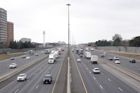 Ontario is permanently raising the speed limit on parts of 10 highways across the province.Transportation Minister Prabmeet Sarkaria says several sections of Highways 401, 403, 406, 416 and Highway 69 will have a speed limits of 100 km/h. Traffic moves along Highway 401 in Toronto on Wednesday, Jan. 3,  2024. THE CANADIAN PRESS/Chris Young