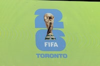 Signage for the official brand and new #WeAre26 awareness campaign as Host City for FIFA World Cup 2026, photographed at BMO Field in Toronto, on Thursday, May 18, 2023. THE CANADIAN PRESS/ Tijana Martin 