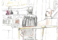 Court of King's Bench Chief Justice Glenn Joyal, left, defence lawyer Leonard Tailleur, centre, and Jeremy Skibicki, right, are shown in this courtroom sketch in Winnipeg on Monday, April 29, 2024. Lawyers for a Winnipeg man accused of killing four women are renewing calls for a judge-alone trial arguing two years of publicity around the high-profile case may sway the jury. THE CANADIAN PRESS/James Culleton POOL