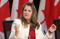 Deputy Prime Minister and Minister of Finance Chrystia Freeland participates in a news conference to announce a new youth mental health fund at the National Press Theatre in Ottawa on Tuesday, April 9, 2024. THE CANADIAN PRESS/ Patrick Doyle
