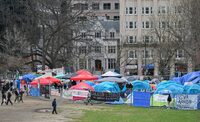 A pro-Palestinian protest encampment on the campus of McGill University in Montreal, Canada, on April 29, 2024. Tensions rose Monday at Columbia University -- the epicenter of a seismic wave of pro-Palestinian protests across US campuses  with authorities announcing the breakdown of talks with students and calling for their encampment to be removed from college grounds. (Photo by Graham Hughes / AFP) (Photo by GRAHAM HUGHES/AFP via Getty Images)