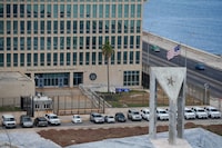FILE PHOTO: A view of the U.S. Embassy beside the Anti-Imperialist stage in Havana, Cuba, May 24, 2023. REUTERS/Alexandre Meneghini