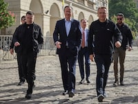 Britain's Foreign Secretary David Cameron walks in the city centre with Lviv City Mayor Andriy Sadovyi as he visits Ukraine, amid Russia's ongoing invasion, in Lviv, Ukraine, May 3, 2024. REUTERS/Roman Baluk