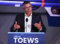 Travis Toews makes a comment during the United Conservative Party of Alberta leadership candidate's debate in Medicine Hat, Alta., Wednesday, July 27, 2022.THE CANADIAN PRESS/Jeff McIntosh