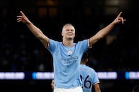 FILE PHOTO: Soccer Football - Premier League - Manchester City v West Ham United - Etihad Stadium, Manchester, Britain - May 3, 2023 Manchester City's Erling Braut Haaland celebrates scoring their second goal Action Images via Reuters/Jason Cairnduff EDITORIAL USE ONLY. No use with unauthorized audio, video, data, fixture lists, club/league logos or 'live' services. Online in-match use limited to 75 images, no video emulation. No use in betting, games or single club /league/player publications.  Please contact your account representative for further details./File Photo