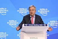 UN Secretary-General Antonio Guterres addresses a session of the World Economic Forum (WEF) annual meeting in Davos on January 18, 2023. (Photo by Fabrice COFFRINI / AFP) (Photo by FABRICE COFFRINI/AFP via Getty Images)