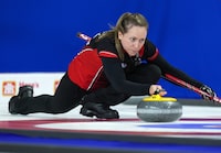 Ontario fourth Rachel Homan delivers a rock while playing Manitoba at the Scotties Tournament of Hearts, in Kamloops, B.C., on Monday, February 20, 2023. Two more rinks are joining the 18-team field at the 2024 Scotties Tournament of Hearts. Curling Canada says that Team Jennifer Jones and Team Rachel Homan will play at the national women's curling championship in Calgary in February.THE CANADIAN PRESS/Darryl Dyck