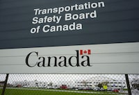 The wreckage of a plane that may be decades old has been found south of Kamloops, B.C. Transportation Safety Board of Canada (TSB) signage is pictured outside TSB offices in Ottawa on Monday, May 1, 2023. THE CANADIAN PRESS/Sean Kilpatrick