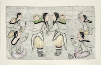 Napachie Pootoogook (1938-2002), Untitled (Kattajjaq Performers and Women Sitting), 2000, felt-tip pen, coloured pencil on paper mounted on cardboard, 38.8 x 60.4 cm. Collection of Jean-Jacques Nattiez. © Reproduced with the permission of Dorset Fine Arts. Photo MMFA, Christine Guest