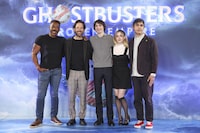 Ernie Hudson, from left, Paul Rudd, Finn Wolfhard, McKenna Grace and director Gil Kenan pose for photographers at the photo call for the film 'Ghostbusters: Frozen Empire Photo Call' on Thursday, March 21, 2024 in London. (Photo by Vianney Le Caer/Invision/AP)