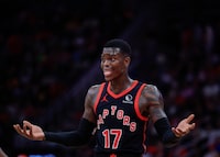 HOUSTON, TEXAS - FEBRUARY 02: Dennis Schroder #17 of the Toronto Raptors reacts to a call against the Houston Rockets during the second half at Toyota Center on February 02, 2024 in Houston, Texas. NOTE TO USER: User expressly acknowledges and agrees that, by downloading and or using this photograph, User is consenting to the terms and conditions of the Getty Images License Agreement.  (Photo by Carmen Mandato/Getty Images)