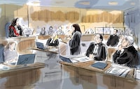 A sentencing hearing has resumed today for a man who killed four members of a Muslim family in London, Ontario. A court reporter, left to right, Justice Renee Pomerance, Crown counsel Jennifer Moser, Crown counsel Sarah Shaikh, defence counsel Peter Ketcheson, Nathaniel Veltman and defence counsel Christopher Hicks look on in this courtroom sketch, in London, Ont., Tuesday, Jan. 23, 2024. THE CANADIAN PRESS/Alexandra Newbould