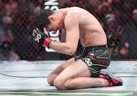 Mike Malott reacts after defeating Adam Fugitt by submission during a UFC 289 welterweight bout, in Vancouver, on Saturday, June 10, 2023. THE CANADIAN PRESS/Darryl Dyck