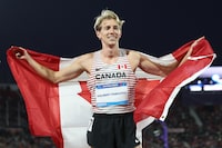 SANTIAGO, CHILE - OCTOBER 31: Charles Philibert-Thiboutot of Team Canada celebrates after competing in Men's 5000m Final at Estadio Nacional de Chile on Day 11 of Santiago 2023 Pan Am Games on October 31, 2023 in Santiago, Chile. (Photo by Ezra Shaw/Getty Images)
