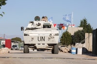 A UN vehicle drives, during a Reuters' visit at Camp Shamrock where Irish and Polish peacekeepers of the United Nations Interim Force in Lebanon (UNIFIL) are stationed near Maroun al-Ras village close to the Lebanese-Israeli border, in southern Lebanon November 29, 2023. REUTERS/Aziz Taher