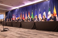 <p>Canada's premiers say they want a return to a co-operative approach with the federal government that respects their jurisdiction. Canada's provincial and territorial leaders look on during a press conference at the meeting of the Council of the Federation, in Halifax, Monday, Nov. 6, 2023. THE CANADIAN PRESS/Kelly Clark</p>