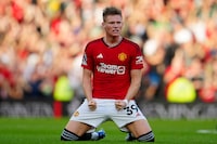 Manchester United's Scott McTominay celebrates scoring his side's second goal during the English Premier League soccer match between Manchester United and Brentford at the Old Trafford stadium in Manchester, England, Saturday, Oct. 7.