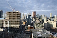 The early morning view looking west from 351 King St. East towards the office towers in Toronto’s Financial District, is photographed on Dec 2, 2022. Fred Lum/The Globe and Mail. 