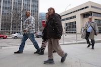 Donna Bartlett (centre), the grandmother of Marcedes Myran, walks to the Court of King’s Bench of Manitoba building in downtown Winnipeg, where the trial of Jeremy Skibicki, the man accused of killing Myran and three other Indigenous women is set to begin, on Monday, April 29, 2024. THE CANADIAN PRESS/Daniel Crump.