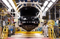 Statistics Canada says manufacturing sales rose 0.7 per cent to $72.3 billion in March, boosted by gains in the motor vehicle, aerospace product and parts, and primary metal industries. General view of production along the Honda CRV production line is shown during a tour of a Honda manufacturing plant in Alliston, Ont., Wednesday, Apr. 5, 2023. THE CANADIAN PRESS/Cole Burston