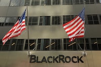 A sign for BlackRock Inc hangs above their building in New York U.S., July 16, 2018.