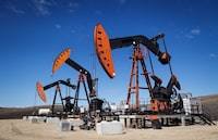 Pumpjacks draw out oil and gas from well heads near Calgary, Alta., Friday, April 28, 2023. Canada has the third largest oil reserves in the world and is the world's fourth largest oil producer. THE CANADIAN PRESS/Jeff McIntosh