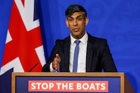 Britain's Prime Minister Rishi Sunak speaks during a press conference, at the Downing Street Briefing Room, in central London, on April 22, 2024 regarding the Britain and Rwanda treaty to transfer illegal migrants to the African country. Rishi Sunak promised on April 22, 2024 that deportation flights of asylum seekers to Rwanda will begin in "10 to 12 weeks", as the plan entered its final stage in parliament. (Photo by Toby Melville / POOL / AFP) (Photo by TOBY MELVILLE/POOL/AFP via Getty Images)