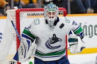 Arturs Silovs has rocketed up the Vancouver Canucks' depth chart this post-season, going from third-string goalie to starter in pivotal elimination games. Silovs (31) defends the goal against the Nashville Predators during the second period in Game 6 of an NHL hockey Stanley Cup first-round playoff series, in Nashville, Tenn., Friday, May 3, 2024. THE CANADIAN PRESS/AP-George Walker IV