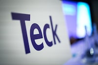 The Teck Resources logo is seen on a podium before the company's special meeting of shareholders, in Vancouver, B.C., Wednesday, April 26, 2023. THE CANADIAN PRESS/Darryl Dyck