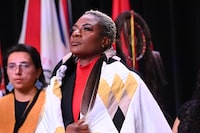 Canadian R&B singer Jully Black was honoured at an AFN Special Chiefs Assembly in Ottawa, Monday, April 3, 2023 for making an appreciated tweak to the Canadian national anthem at the NBA All-Star Game in Salt Lake City, Utah in February. Black was presented with an eagle feather and wrapped with a blanket during a Blanketing Ceremony by AFN Knowledge Keepers and National Chief RoseAnne Archibald. THE CANADIAN PRESS/AFN-Fred Cattroll **MANDATORY CREDIT **