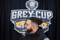 Brady Oliveira speaks to media during the Winnipeg Blue Bombers media day, part of the CFL's Grey Cup week in Hamilton, Ont., Wednesday, Nov. 15, 2023. Winnipeg Blue Bombers will play the Montreal Alouettes in the 110th Grey Cup on Sunday. THE CANADIAN PRESS/Nick Iwanyshyn