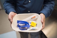 The federal government is expanding its drug and substance use strategy to try to save more lives and provide more services to people disproportionately affected by Canada's overdose crisis. An injection kit is seen inside the newly opened Fraser Health supervised consumption site is pictured in Surrey, B.C. Tuesday, June 6, 2017. THE CANADIAN PRESS/Jonathan Hayward
