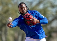 Toronto Blue Jays Vladimir Guerrero Jr. throws a ball in a drill during Spring Training action in Dunedin, Fla. on Monday February 19, 2024. Position players have arrived at the Blue Jays’ camp as spring training continues ahead of Saturday’s pre-season opener. THE CANADIAN PRESS/Frank Gunn
