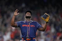 Houston Astros starting pitcher Ronel Blanco celebrates after throwing a no hitter in a baseball game against the Toronto Blue Jays, Monday, April 1, 2024, in Houston. (AP Photo/Kevin M. Cox)