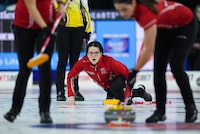 Team Canada skip Kerri Einarson watches her shot while playing Manitoba during the final at the Scotties Tournament of Hearts, in Kamloops, B.C., on Sunday, February 26, 2023. THE CANADIAN PRESS/Darryl Dyck