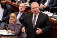 Ontario Premier Doug Ford answers a question on health care as the legislature resumes at Queen's Park in Toronto on Tuesday, Feb.21, 2023.&nbsp;Ontario's public health units are calling on the government to stop using one-time funding to bridge a gap it created four years ago, and to provide them with a predictable source of money as they address a backlog of services built up over the COVID-19 pandemic. THE CANADIAN PRESS/Frank Gunn