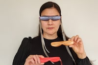 Designer Taalrumiq uses both traditional materials, like seal skin, with machine-made material for her 3-D printed snow goggles.