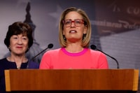 FILE: Sen. Kyrsten Sinema (I-AZ) has announced that she will leave Congress at the end of her term this year. She was elected as a Democrat but left the party to become an Independent in 2022. WASHINGTON, DC - NOVEMBER 29: Sen. Kyrtsen Sinema (D-AZ) speaks at a news conference after the Senate passed the Respect for Marriage Act at the Capitol Building on November 29, 2022 in Washington, DC. In a 61-36 vote, the measure would provide federal recognition and protection for same-sex and interracial marriages. (Photo by Anna Moneymaker/Getty Images)