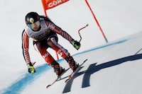 Canada's Valerie Grenier speeds down the course during an alpine ski, women's World Cup downhill race, in Cortina d'Ampezzo, Italy, Saturday, Jan. 27, 2024. Canadian skiing star Grenier says she'll need multiple surgeries after a serious crash during a World Cup super-G race Sunday in Cortina D'ampezzo, Italy. THE CANADIAN PRESS/AP/Gabriele Facciotti