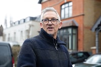 FILE - Match Of The Day host Gary Lineker outside his home in London, Sunday March 12, 2023. Lineker will return to airwaves after the BBC reversed the former soccer great's suspension on Monday, March 13, 2023 following a post on Twitter that had criticized the British government’s new asylum policy. (Lucy North/PA via AP, File)